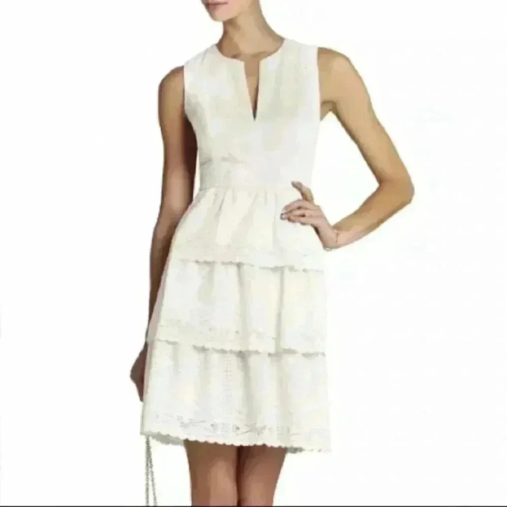 Bcbgmaxazria Scarlet Womens Dress Size 8 Ivory Tiered Eyelet
